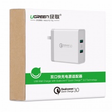 绿联 QC3.0双口充电器 闪充充电头 华为FCP快充USB插头 苹果安卓手机电源适配器 支持小米6华为荣耀9 40715白